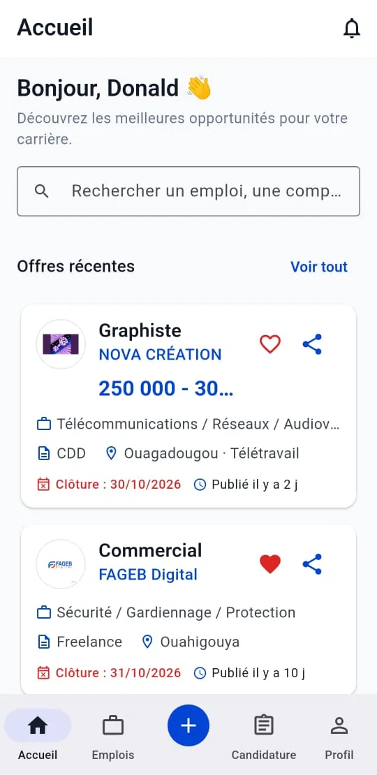 Écran Accueil candidat de l'application Barka Jobs : recherche et offres récentes