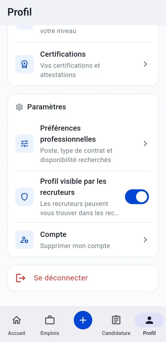 Écran Paramètres du profil candidat avec l'accès à la suppression du compte