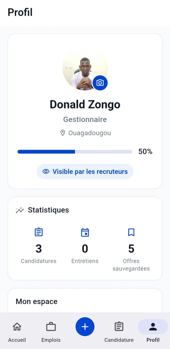 Écran Profil candidat avec indicateur de complétude et visibilité recruteurs