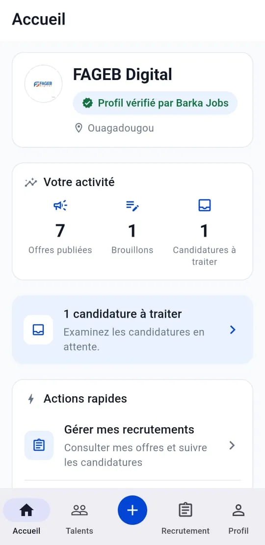 Écran Accueil entreprise : activité et candidatures à traiter
