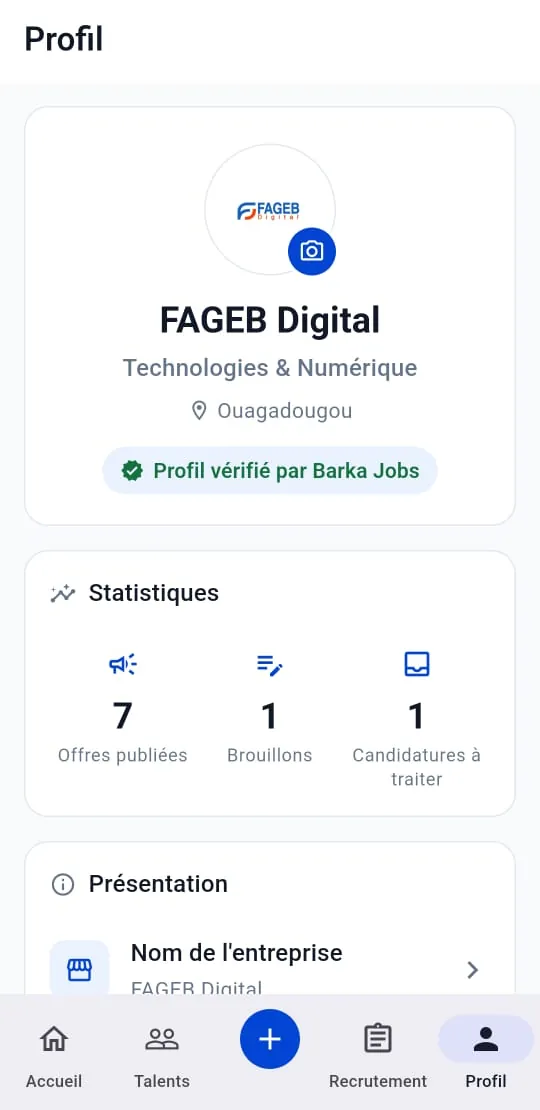 Écran Profil entreprise avec le badge Profil vérifié par Barka Jobs